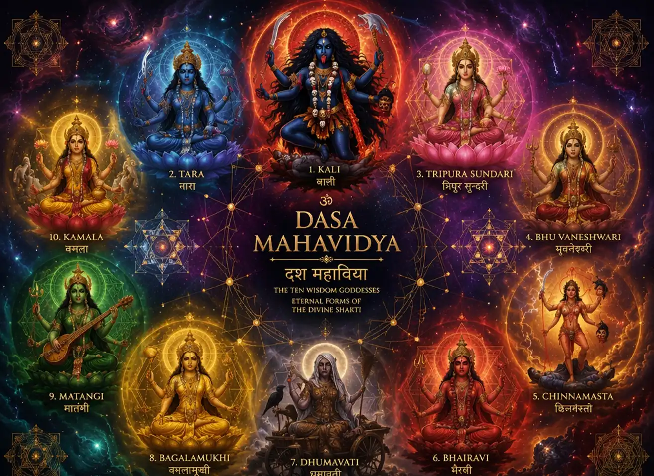 Sacred illustration of the Dasa Mahavidya ten wisdom goddesses in traditional Tantric style representing divine consciousness at Nabatara Foundation