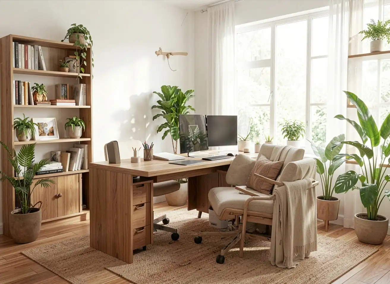 A serene and organized home office designed according to Vastu Shastra principles for maximum productivity and peace, presented by Nabatara Foundation.